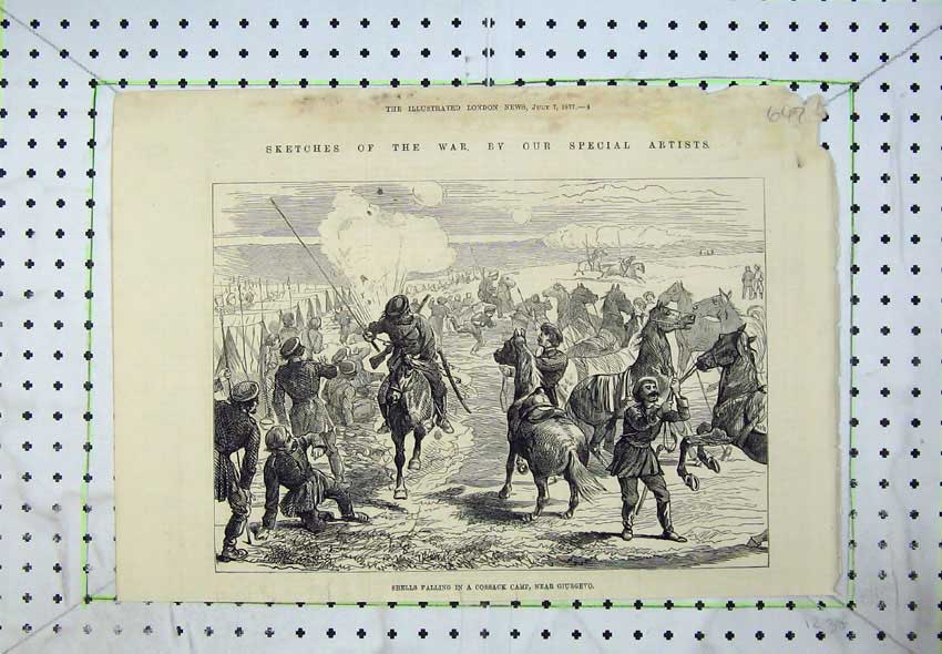 Original Old Antique Print 1877 War Shells Falling Cossack Camp Giurgevo Army