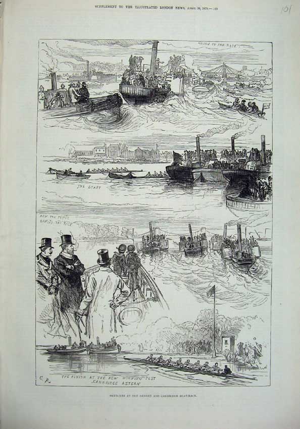 Original Old Antique Print 1878 Oxford Cambridge Boat Race Sport River 19th