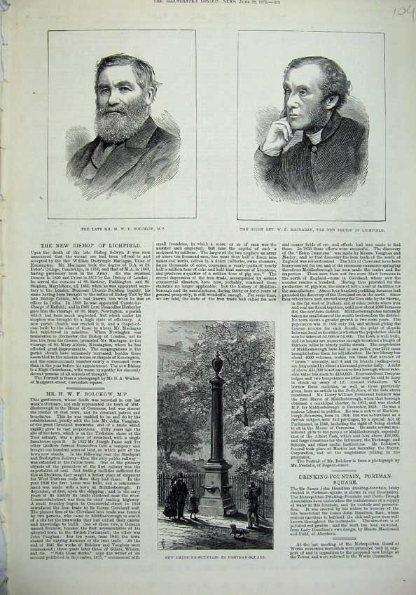 Original Old Antique Print Fountain Portman Square 1878 Bolckow Maclagan Bishop