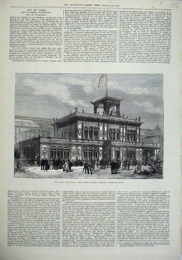 Old Antique Print United States America Building Champ De Mars 1878 Paris 19th
