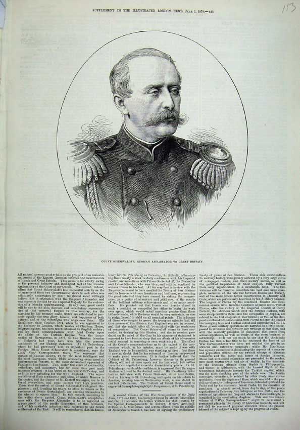 Original Old Antique Print 1878 Portrait Count Schouvaloff Russian Ambassador