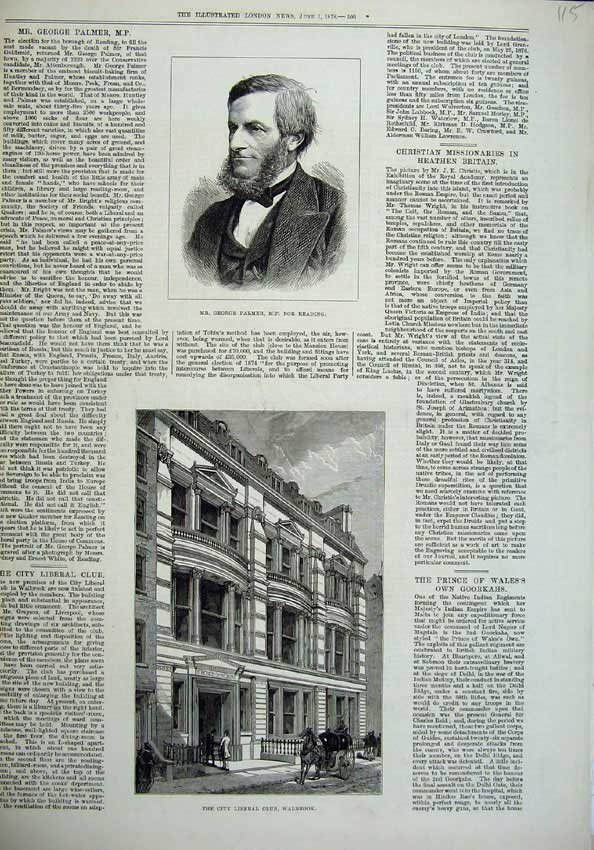 Old Antique Print 1878 George Palmer Reading City Liberal Club Walbrook 19th