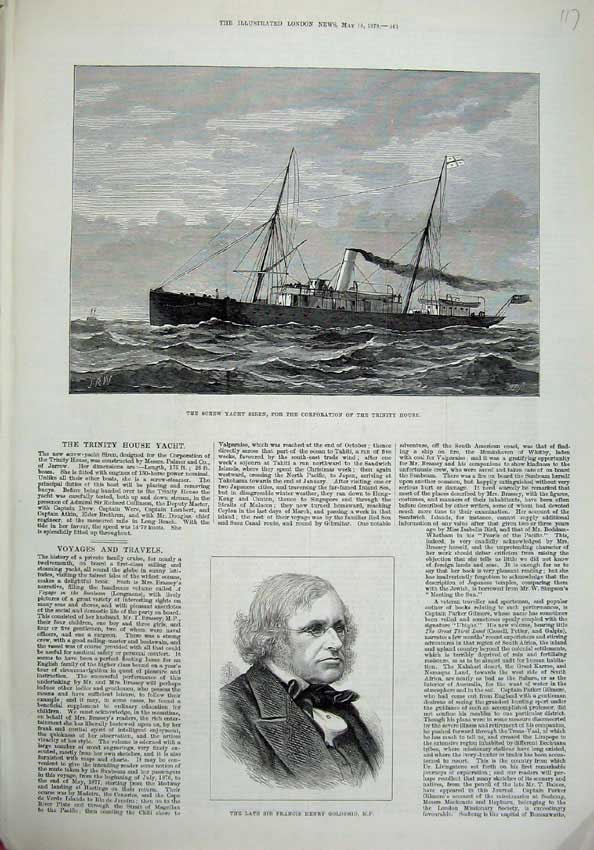 Original Old Antique Print 1878 Screw Yacht Siren Ship Trinity House Gsmid M.P