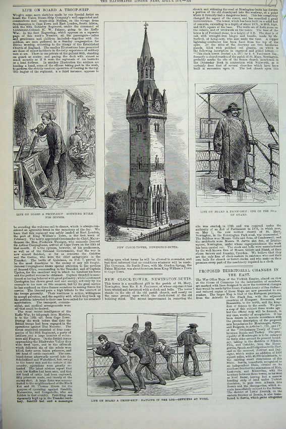 Original Old Antique Print Clock Tower Newington Troop Ship 1878 Bugle Log Army