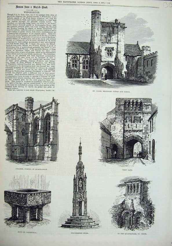Old Antique Print Winchester 1878 Cross College Beaufort Tower Font Art 19th