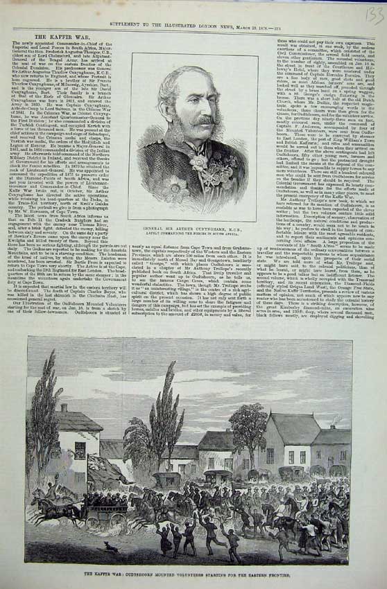 Original Old Antique Print 1878 General Cunynghame Kaffir War Mounted Ta Army