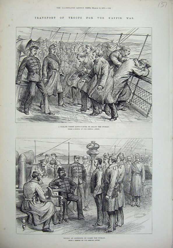 Original Old Antique Print Kaffir War 1878 Nubian Ship Transport Troops Army