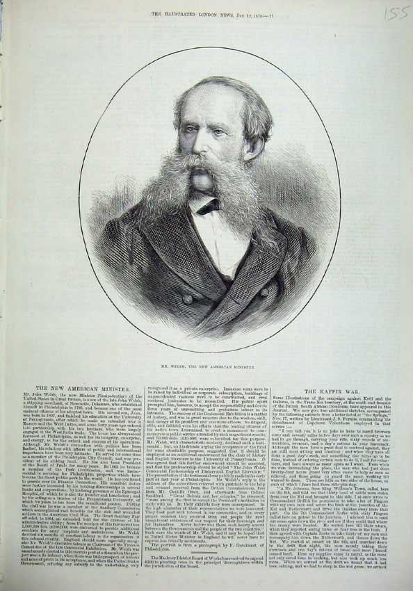 Original Old Antique Print 1878 Portrait Mr Welsh New American Minister 19th