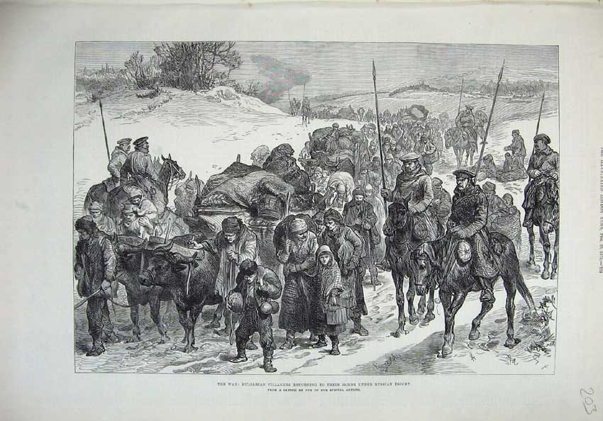 Original Old Antique Print War 1878 Bulgarian Villagers Russian Escort Families
