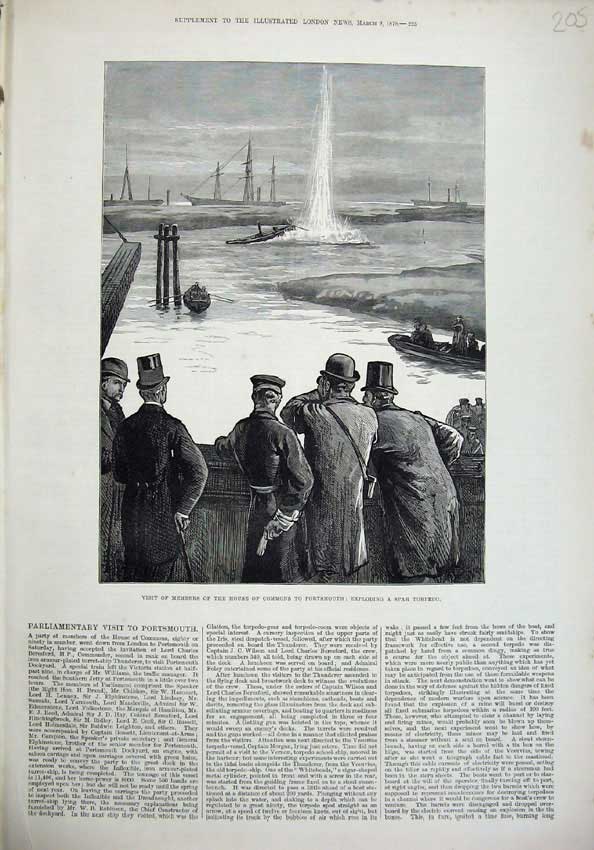 Original Old Antique Print 1878 Members House Commons Portsmouth Spar Torpedo
