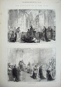Original Old Antique Print 1878 Pope Leo Blessing People Church Kissing Foot