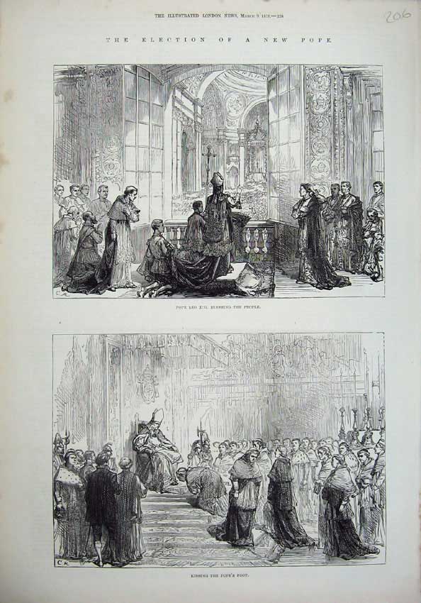 Original Old Antique Print 1878 Pope Leo Blessing People Church Kissing Foot