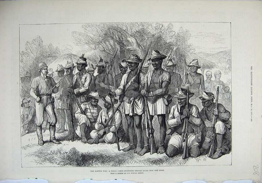 Original Old Antique Print 1878 Kaffir War Fingo Corps Army Rifles Bush Uniform