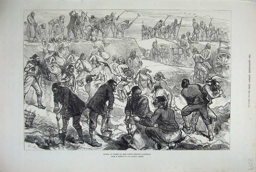 Old Antique Print 1878 Turks Work Gallipoli Digging Army Country Sketch 19th
