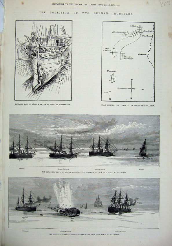 Old Antique Print 1878 Ships German Ironclads Konig Wilhelm Barque Crash 19th