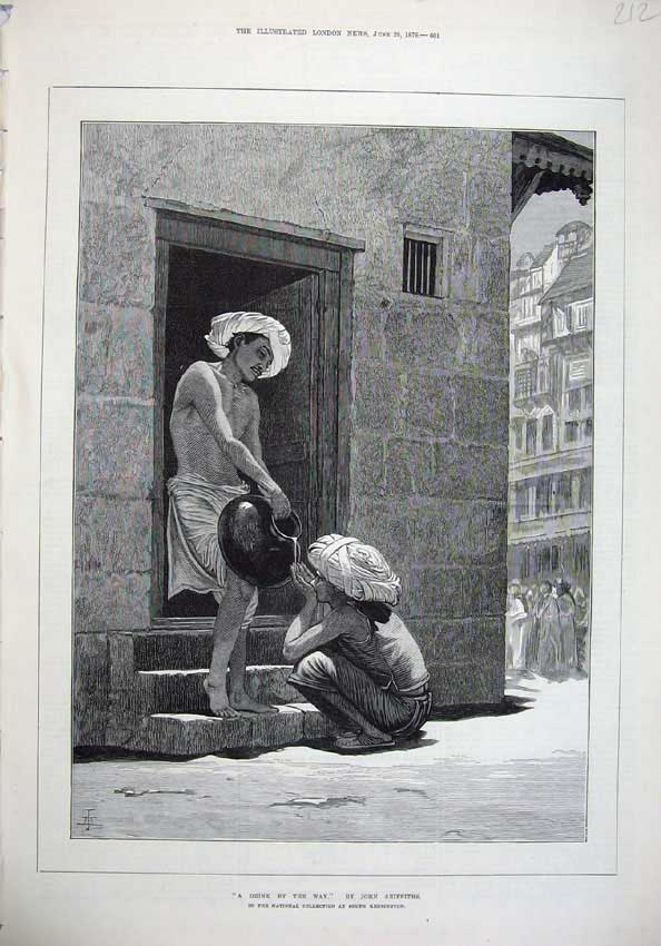 Old Antique Print Fine Art 1878 Men Drinking Doorway Arabs John Griffiths 19th
