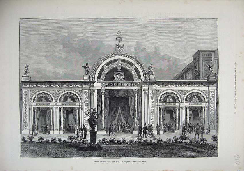 Old Antique Print 1878 Fine Art Italian Faáade Champ De Mars Paris France 19th