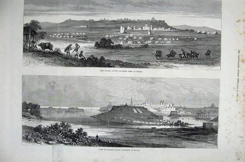 Old Antique Print 1878 Indian Native Cavalry Camp Malta War Town Fine Art 19th