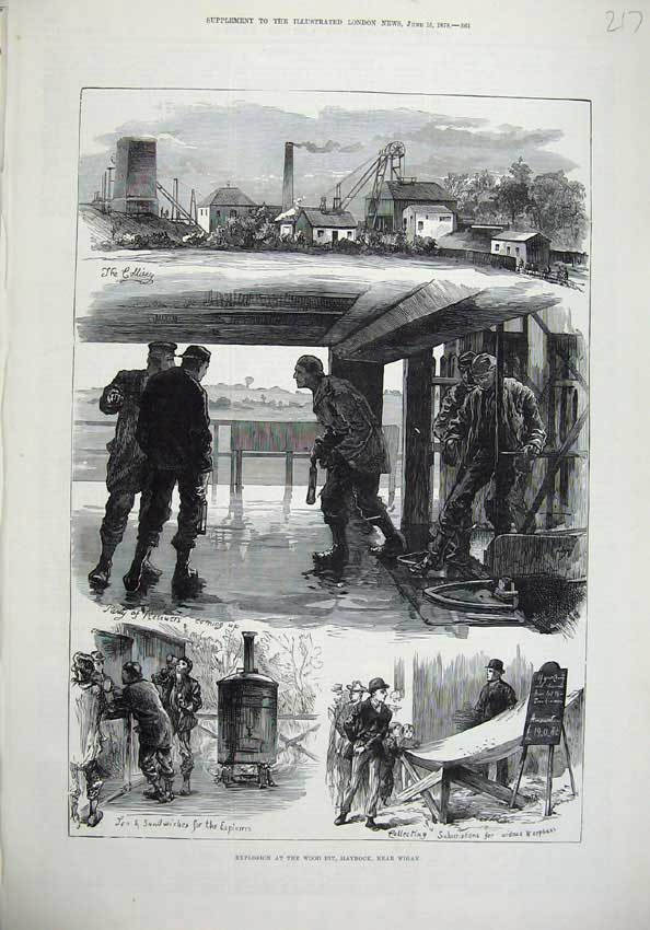 Old Antique Print 1878 Explosion Wood Pit Haydock Wigan Colliery Fine Art 19th