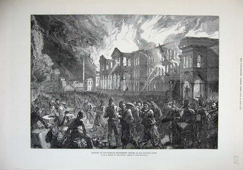 Old Antique Print 1878 Burning Turkish Government Offices Sublime Porte 19th