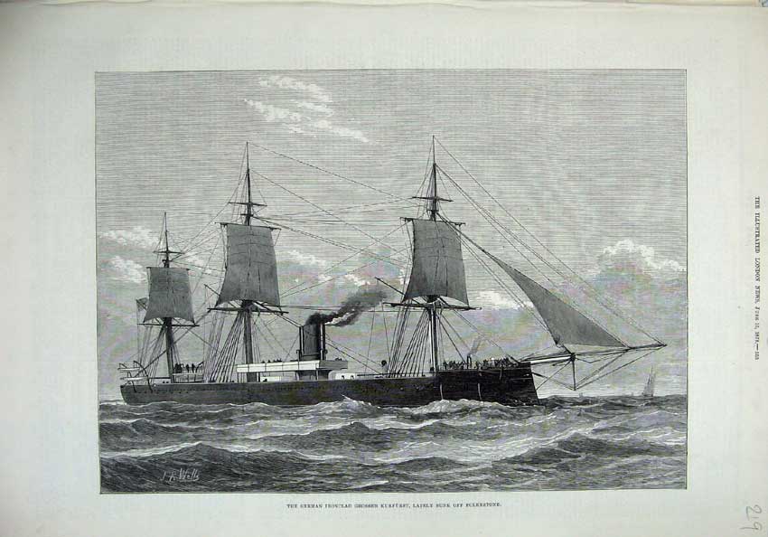 Old Antique Print 1878 German Ironclad Grosser Kurfurst Ship Folkestone 19th