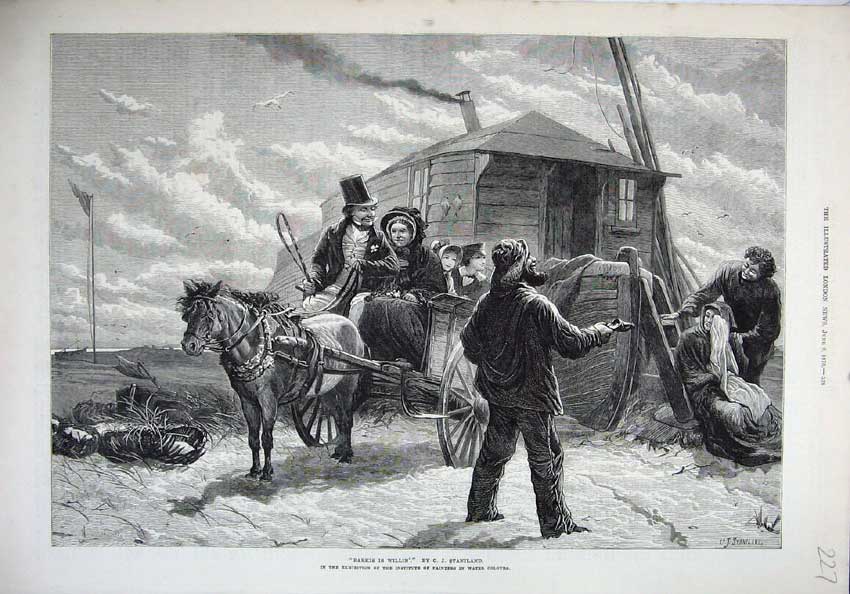 Old Antique Print 1878 Fine Art Family Horse Cart Beach House Stainland 19th