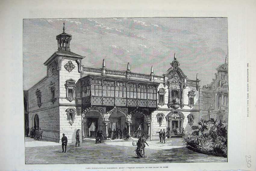 Original Old Antique Print 1878 South American Pavilion Champ De Mars Paris
