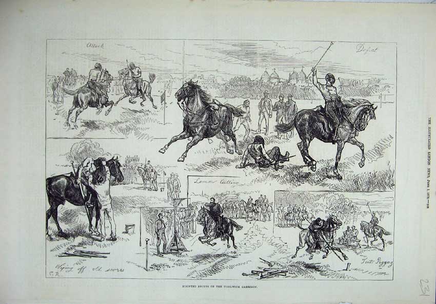 Original Old Antique Print 1878 Horse Sports Woolwich Garrison Fencing Pegging