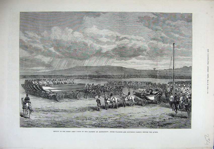 Old Antique Print 1878 Army Corps Review Queen Aldershot Waggons Pontoons 19th