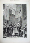 Original Old Antique Print 1878 Fine Art Street Scene Berlin Appeal Police Man