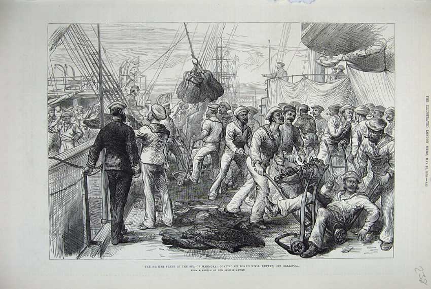 Old Antique Print 1878 British Fleet Sea Marmora Coaling Ship Rupert Sail 19th