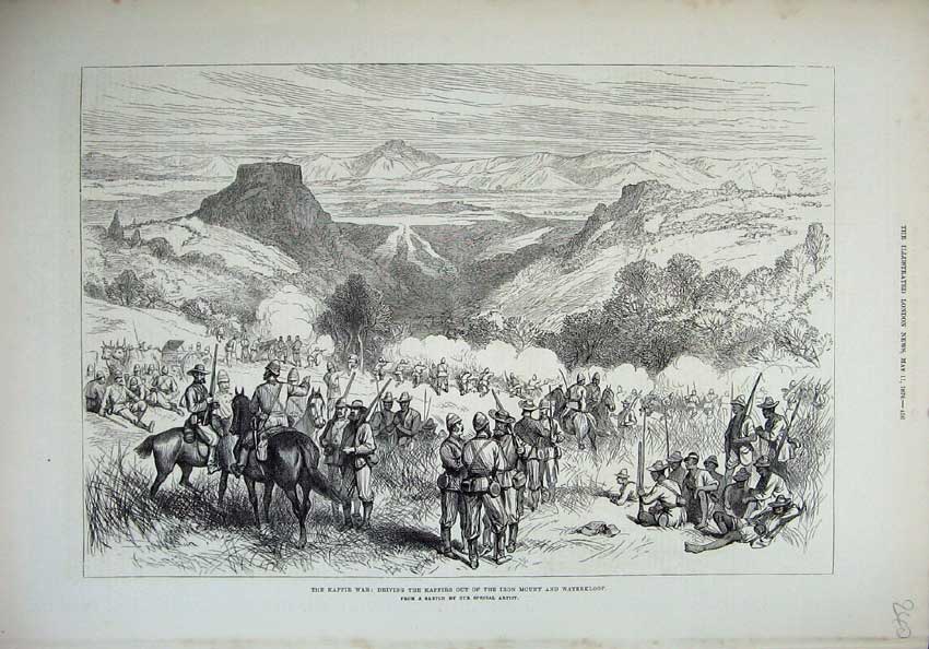 Original Old Antique Print 1878 Kaffir War Iron Mount WaterkloArmy Siers 19th