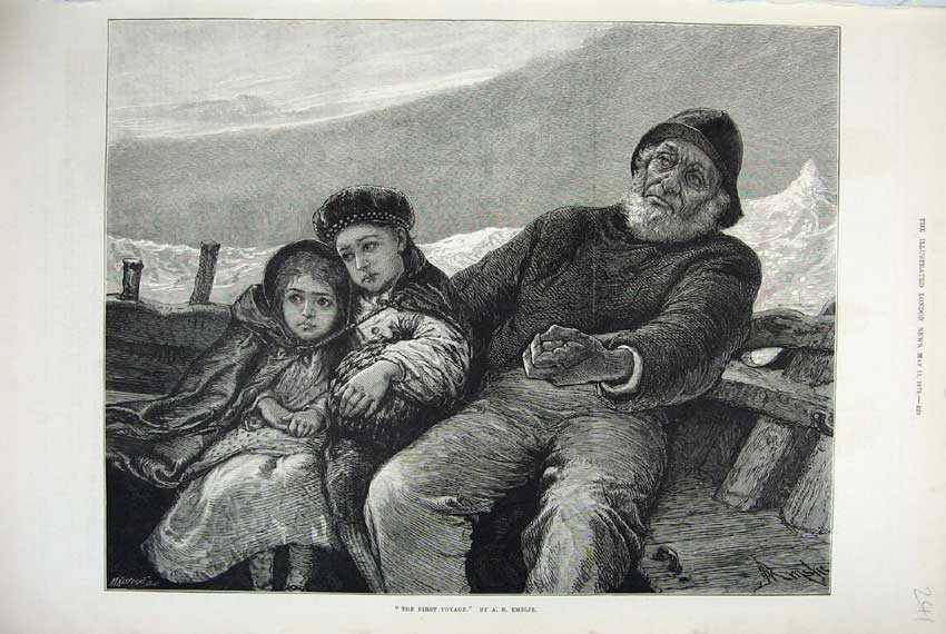 Original Old Antique Print 1878 Fine Art Man Children Boat Sea Emslie Victorian