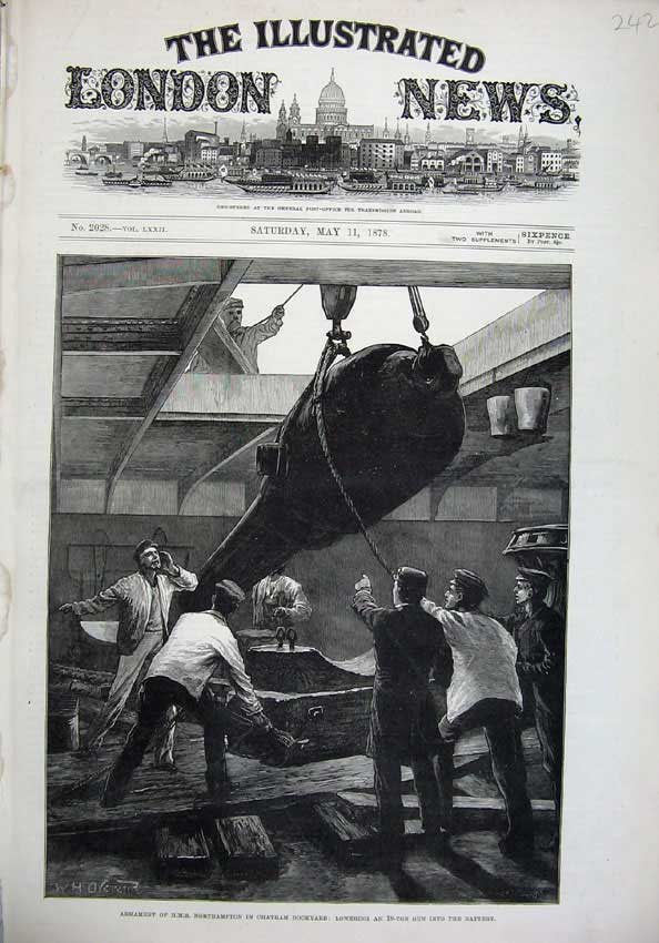 Original Old Antique Print 1878 Ship Northampton Chatham Dockyard Gun Fine Art