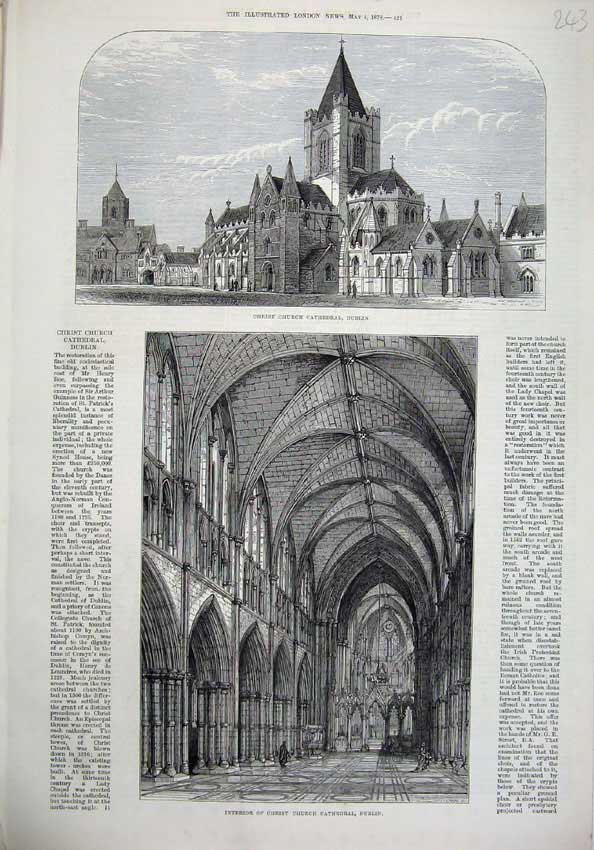 Original Old Antique Print 1878 Interior Christ Church Cathedral Dublin Ireland