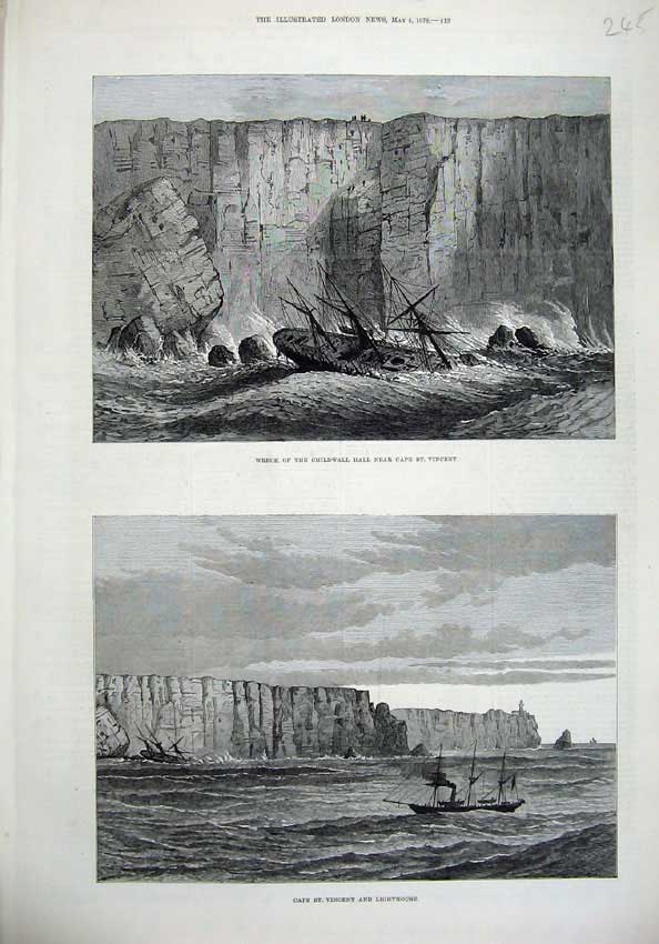 Original Old Antique Print 1878 Ship Wreck Childwall Cape St Vincent Lighthouse