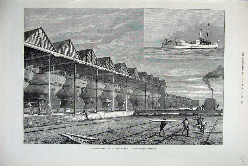 Old Antique Print 1878 Gun-Boats Ready Launched Haslar Portsmouth Harbour 19th