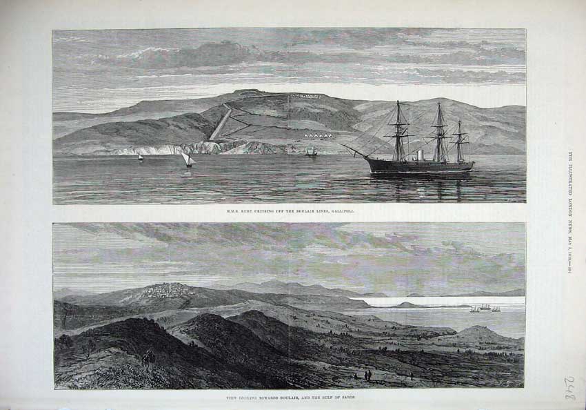Original Old Antique Print 1878 Ship Ruby Cruising Boulair Gallipoli Gulf Saros
