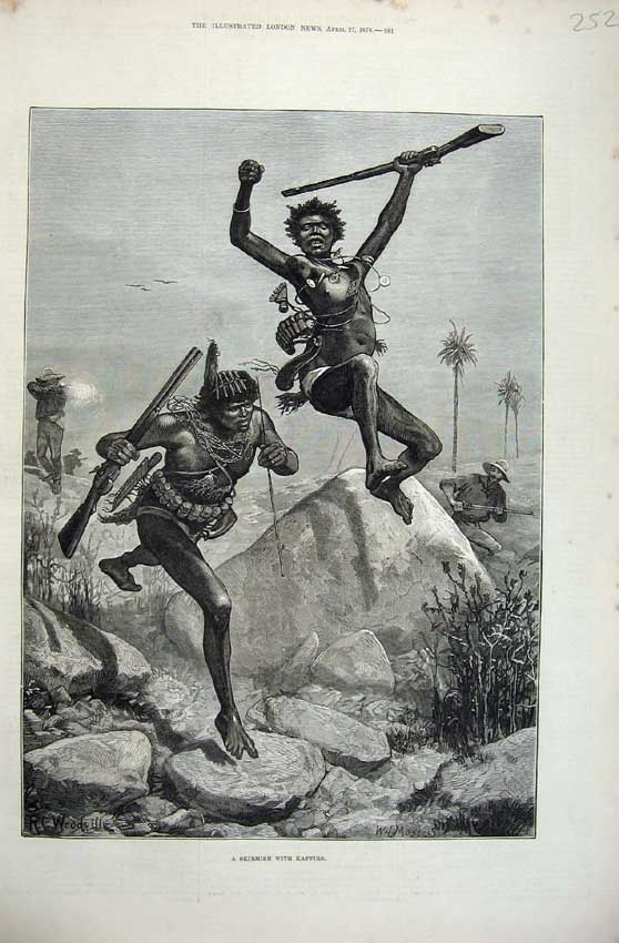 Old Antique Print 1878 Fine Art Skirmish Kaffirs War Natives Weapons Men 19th