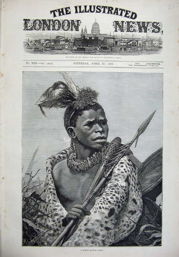 Original Old Antique Print 1878 Fine Art Young Kaffir Chief Native Weapons War