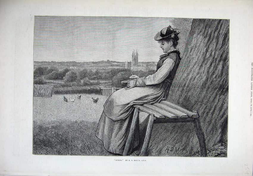 Old Antique Print 1878 Fine Art Beautiful Young Woman Sitting Tree Book 19th