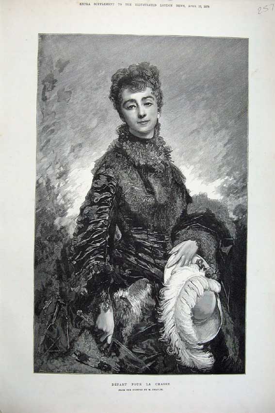 Old Antique Print 1878 Fine Art Portrait Young Woman Feather Hat Chaplin 19th