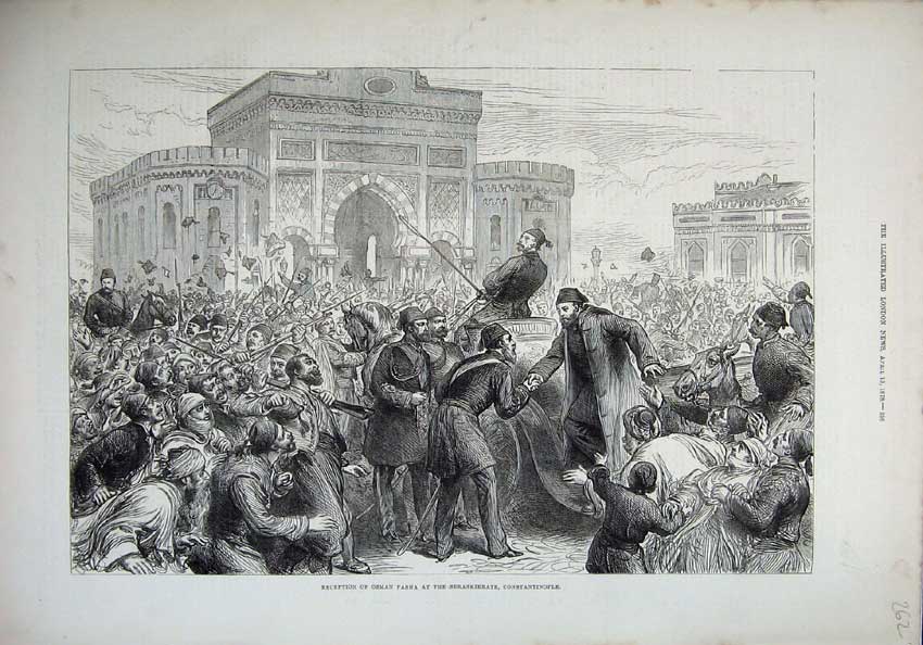 Old Antique Print 1878 Reception Osman Pasha Seraskierate Constantinople 19th