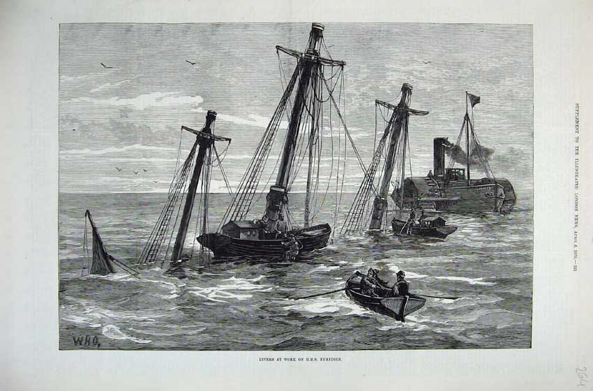 Old Antique Print 1878 Fine Art Divers Work H.M.S Eurydice Ship Sea Boats 19th