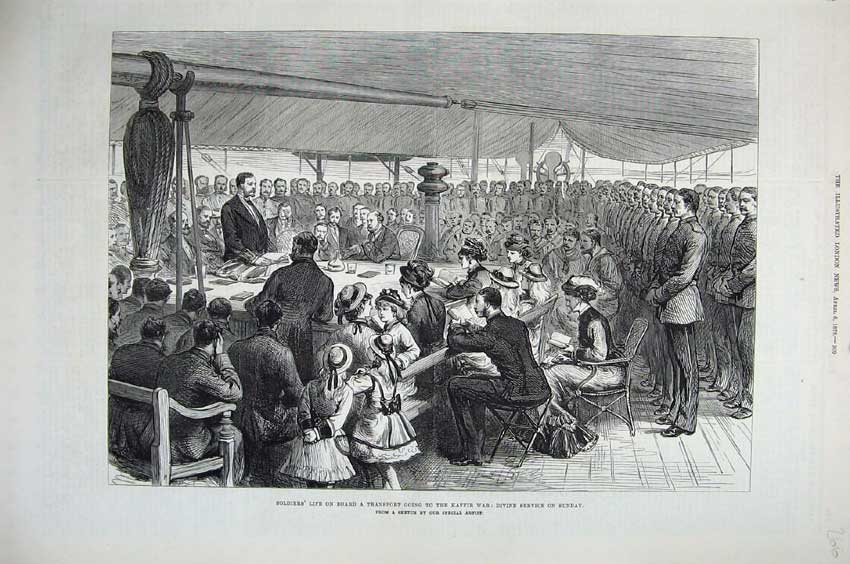 Original Old Antique Print 1878 Siers Life Transport Ship Kaffir War Praying
