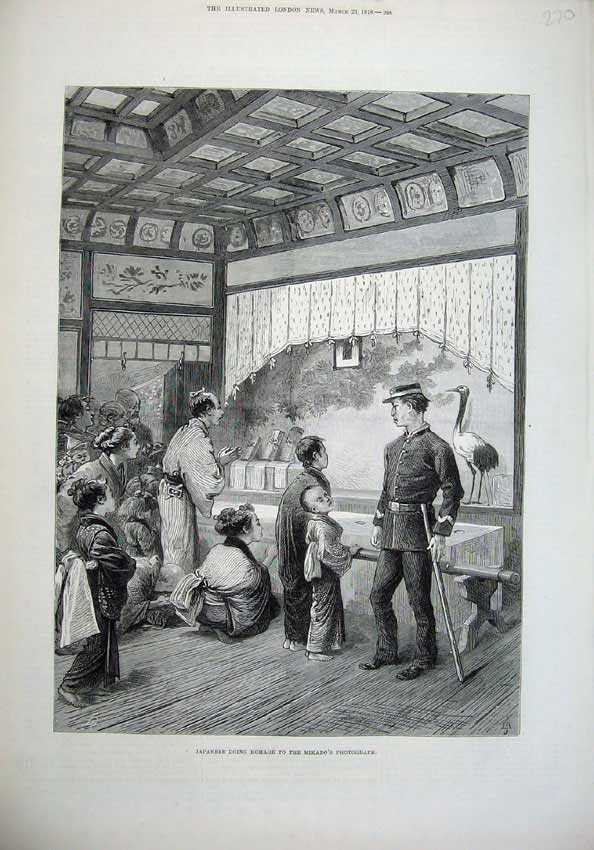 Original Old Antique Print 1878 Japanese Homage Mikado'S Photograph People Bird