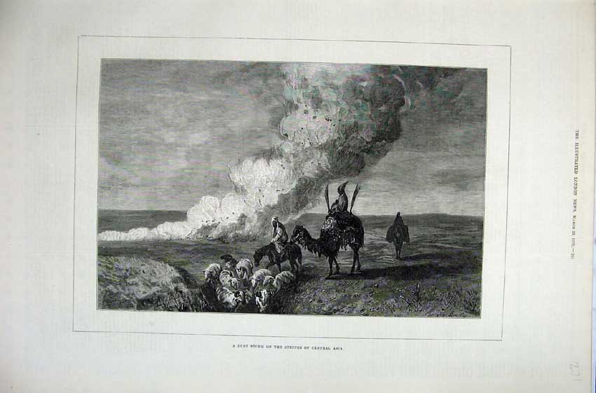 Original Old Antique Print 1878 Fine Art Dust Storm Steppes Central Asia Camels