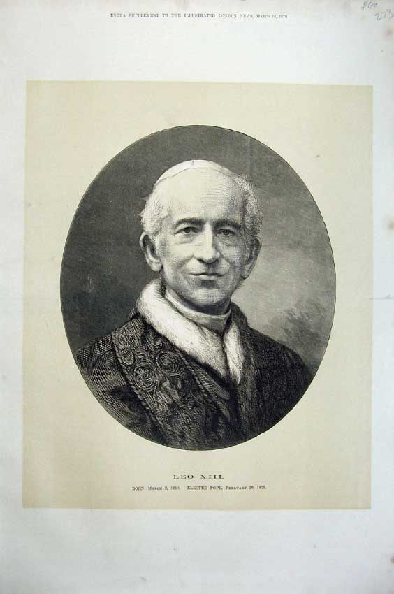 Original Old Antique Print 1878 Fine Art Portrait Elected Pope Leo Xiii 19th
