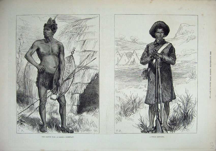 Old Antique Print 1878 Kaffir War Galeka Chieftain Fingo Sentinel Natives 19th