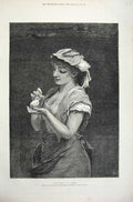 Original Old Antique Print 1878 Fine Art Portrait Orphan Young Girl Baby Bird